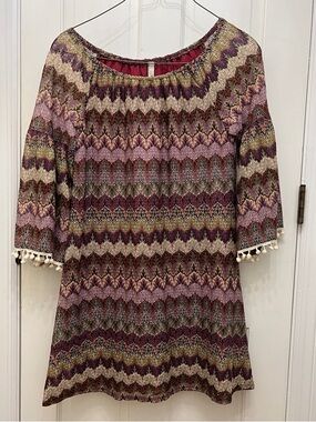 entro Multicolor Zigzag Midi Dress with Pom Pom Trim